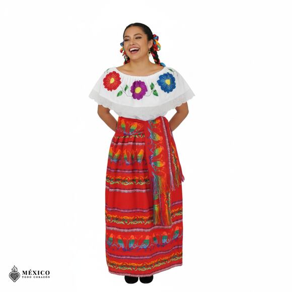 Traditional Mexican Floral Cambaya Dress Set – Handmade Two-Piece Skirt & Blouse - Picture 7 of 7